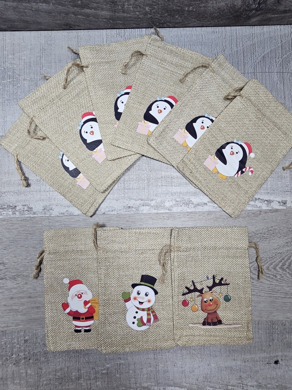 Lot Of 9 Retro Look Christmas Hand Made Burlap Folk Art Small Gift Bags G15c
